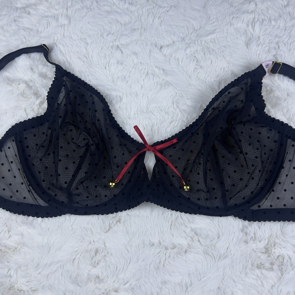 Victoria's Secret Very Sexy Black Polka Dot Mesh Unlined Jingle Bell Bra 36C NWT